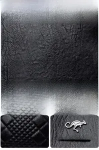 Macro shot of quilted rhombic pattern on soft black leather with silver metal logo