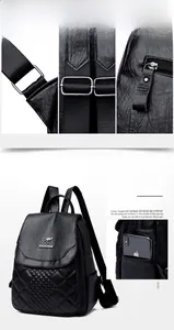 Detail of soft leather backpack with diamond quilting and silver-tone metal buckles