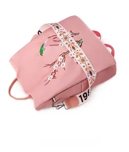 Dettaglio dello zaino rosa con ricamo floreale e tracolla in tessuto jacquard