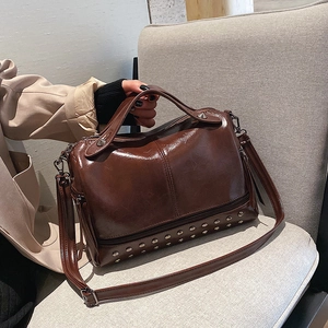 Retro Boston Handbag PU Leather Rivet Decor Large Capacity Shoulder Crossbody Bag Women Urban Style Multi Pocket