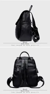 Detail view showing side and back of black quilted faux leather backpack with anti-theft pocket