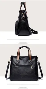 Detail view of black PU leather tote showing side zipper pockets and striped handles