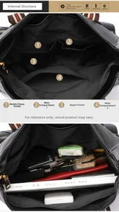 Detail view of large tote bag interior showing organized compartments and striped strap