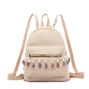 Mini Backpack Straw Woven Tassel Artificial Pearl Decor Bohemian Ethnic Casual Travel Daypack For Women Girls Sweet Summer