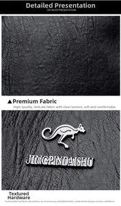 Detail of soft black lychee grain leather and silver metal kangaroo logo hardware