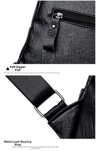 Detail of soft leather puller and durable metal rings on the vintage black backpack