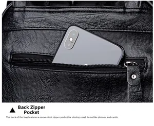 Detail showing the anti-theft back zipper pocket on a black litchi grain leather bag