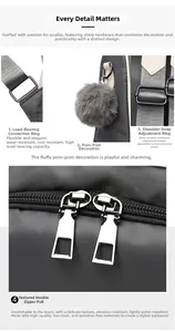 Detail showing smooth metal zippers, a decorative fur ball charm, and durable bag hardware