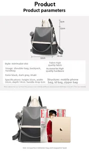 Detailed size chart showing a 32x32cm oxford backpack with multi-way straps and plush ball