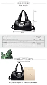 Size chart and dimensions guide for the soft leather shoulder bag with iPad size comparison