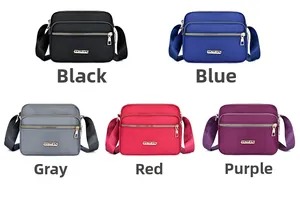 Five colors of water-resistant nylon crossbody bags displayed on a clean white background