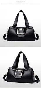 Dual view of black textured handbag with oversized gold square buckle and detachable strap