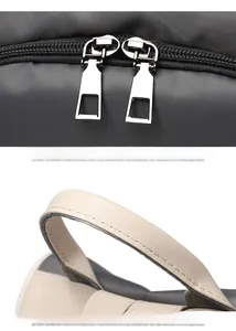 Detail of smooth silver zippers and durable cream leather handle on grey oxford backpack