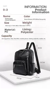 Specifiche dettagliate su dimensioni e colori per lo zaino in pelle PU nera da 46x13x32cm