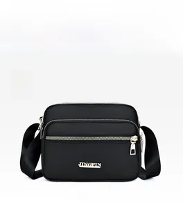 Close-up of black waterproof nylon crossbody bag with three golden metal zippers
