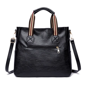 Classic black PU leather tote with signature green-red web straps and gold hardware