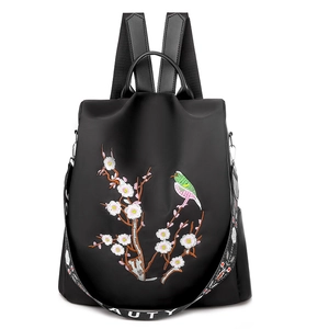 Zaino Donna Tessuto Oxford Antifurto Impermeabile Viaggio Stile Cinese Ricamo Uccello Fiore Di Prugno Elegante