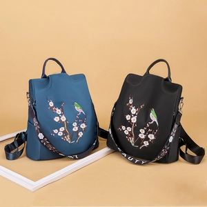 Zaino stile cinese con ricamo di fiori e uccelli su tessuto in nylon blu e nero