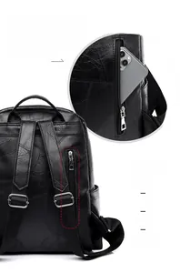 Detail of hidden anti-theft back pocket on black embossed leather backpack for women