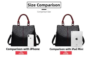 Größenvergleich des schwarzen Leder-Shoppers mit Stauraum für iPad mini und Handy