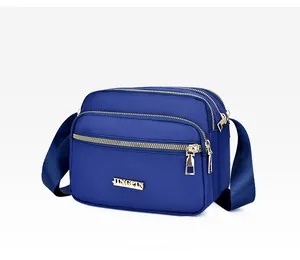 Detailed view of the dark blue nylon crossbody bag with multiple gold zipper compartments