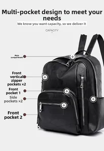 Detail view of black backpack with multiple functional zip pockets and smooth faux leather