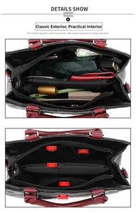 Detailansicht der großen schwarzen Handtasche mit Krokoprägung und Innenfächern