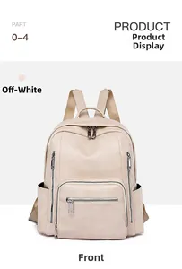 Front view of a minimalist cream white faux leather backpack with large pocket and side pockets