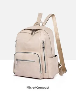 Side view of beige synthetic leather backpack showing detailed textured finish and zippers
