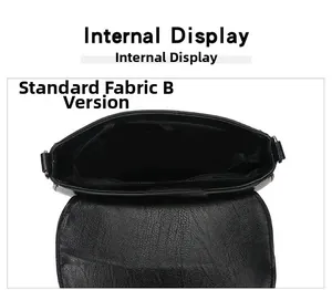 Internal view of black leather crossbody bag featuring a zipped pocket and fabric lining