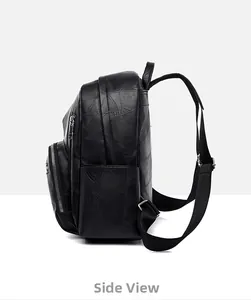 Side view of black faux leather backpack showing silver buckles and side zipper pockets