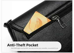 Detail of lychee textured leather crossbody bag showing secure rear zipper pocket for cards