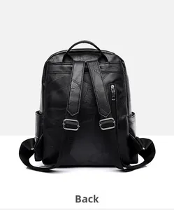 Back view of black faux leather backpack with adjustable straps and hidden zipper pocket