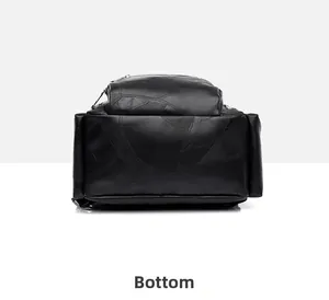 Detailed view of the black leather backpack bottom with geometric stitching details