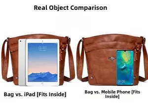 Vue détaillée du sac en cuir marron montrant la taille par rapport à un iPad et un mobile