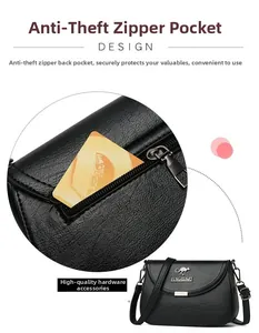 Detail of the anti-theft zipper back pocket and pebble grain leather on a black crossbody bag