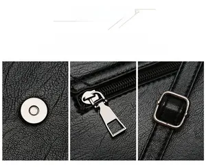 Detailed view of silver hardware including magnetic buckle and zipper on black leather bag