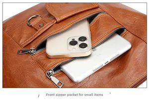 Détail du sac en cuir marron vintage avec plusieurs poches pour téléphone et tablette