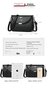 Detailed size specifications and interior capacity for black leather crossbody square bag