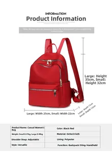 Tableau des tailles pour sacs à dos en tissu Oxford avec dimensions détaillées