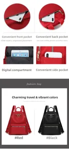 Détail des compartiments du sac à dos en nylon, poche numérique et poches latérales