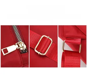 Détails d'un sac à dos rouge en tissu Oxford avec fermetures éclair dorées et coutures