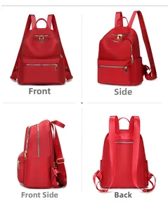 Vues multiples d'un sac à dos rouge en tissu Oxford avec fermetures éclair dorées