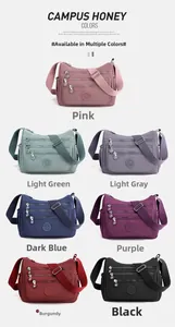 Matrix layout showing multi-compartment nylon crossbody bags in seven vibrant colors