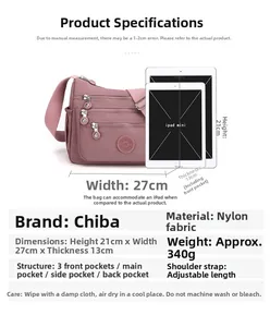 Pink nylon crossbody bag dimensions 21x27x13cm shown with multi-pocket layout