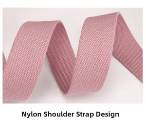 Detail of pink nylon shoulder strap with durable twill weave for crossbody bags