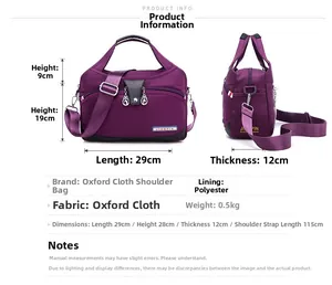 Detailed dimensions of the purple Oxford fabric crossbody bag with size and weight info