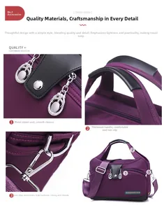 Detail of purple waterproof nylon handbag showing reinforced handles and durable metal zippers