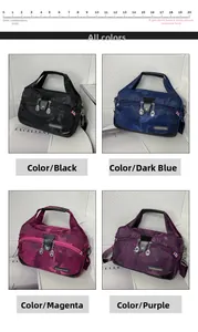 Detail view of water-resistant oxford fabric bags in four colors with multiple pockets