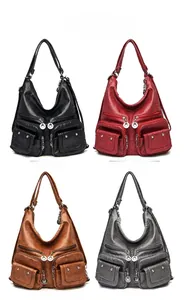 Color display of vintage multi-pocket leather backpacks in black, red, brown, and gray